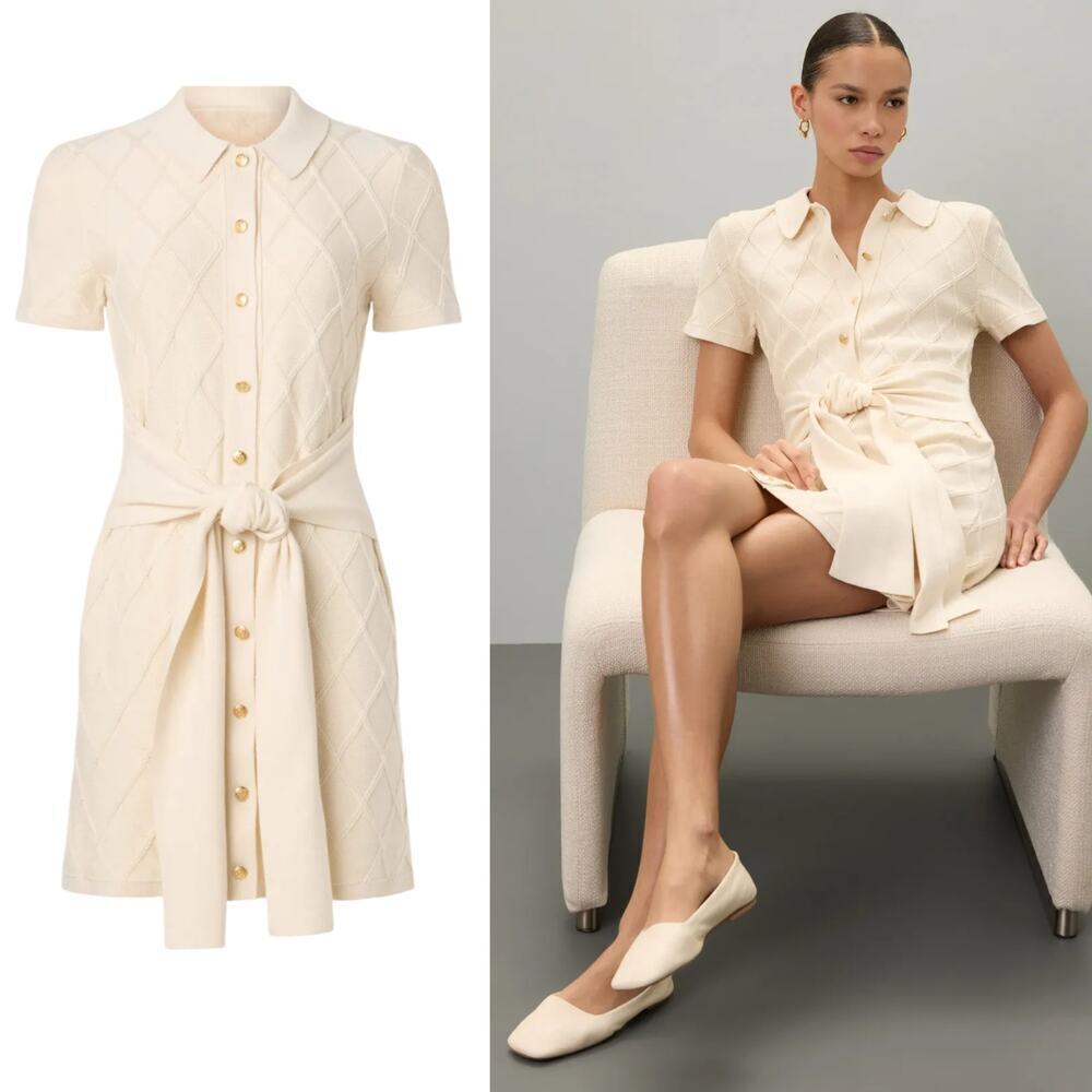 Toccin X RTR Polo Sweater Dress Short Sleeve Tie Waist Mini Off White L